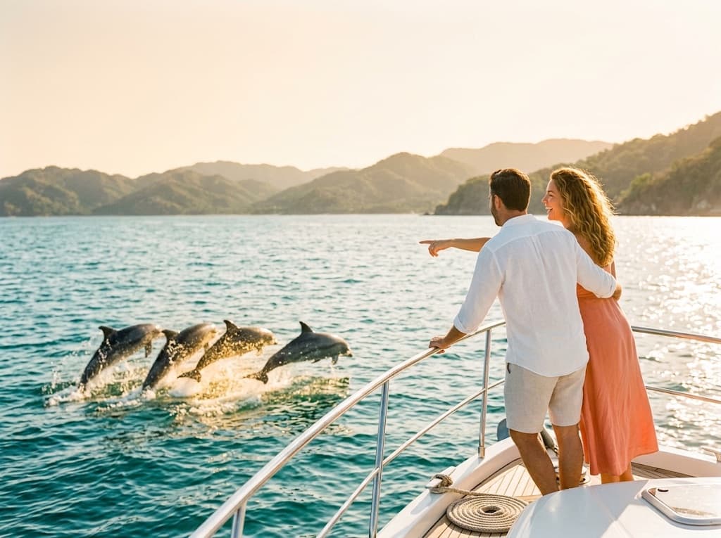 Delfines saltan junto a la proa de un yate mientras una pareja los señala desde la barandilla.