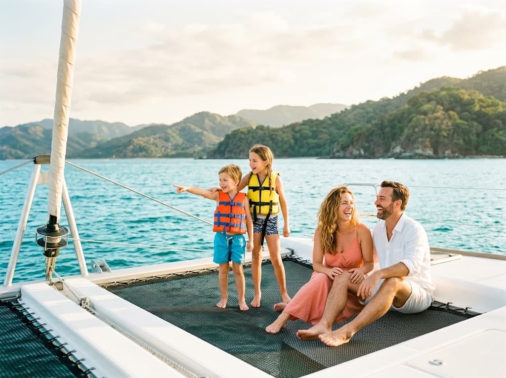 Una familia en la red de proa de un catamarán; los niños, con chaleco, señalan el mar.