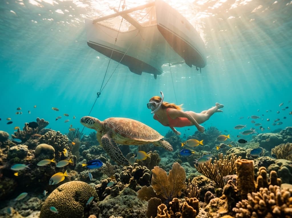 Una persona hace snorkel junto a una tortuga verde y peces de colores, bajo el casco de un catamarán fondeado.